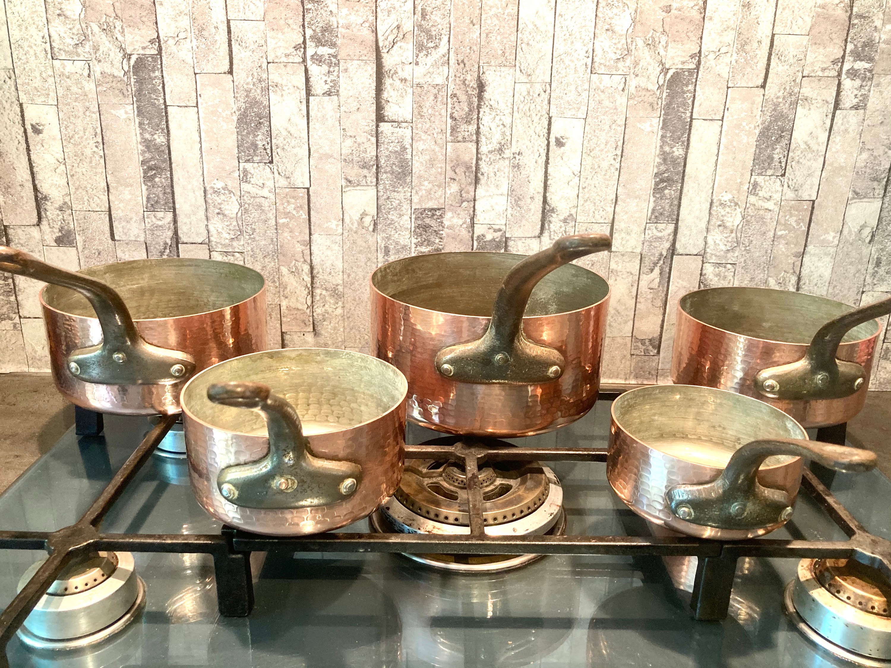5 Professional Vintage Copper Chef Set Hammered Metal Rivets Metro 2mm Kitchen Ready Paris, France   #G-1163