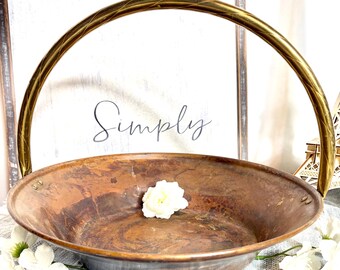 Vintage Copper Basket with Riveted Handle – Rustic Farmhouse Fruit Bowl & Flower Gathering Basket #G-1000-116