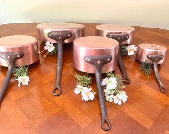 Antique French Copper Cookware Pan Set, Stamped Chef Pans, Paris