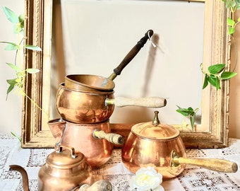 Turkish Copper Brass and Wood Cooking Utensil Set Vintage