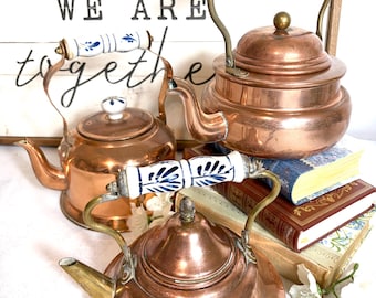 French Vintage Copper Tea Kettles, Delft-Style Porcelain Handles, Flower Pots #G-1000-69