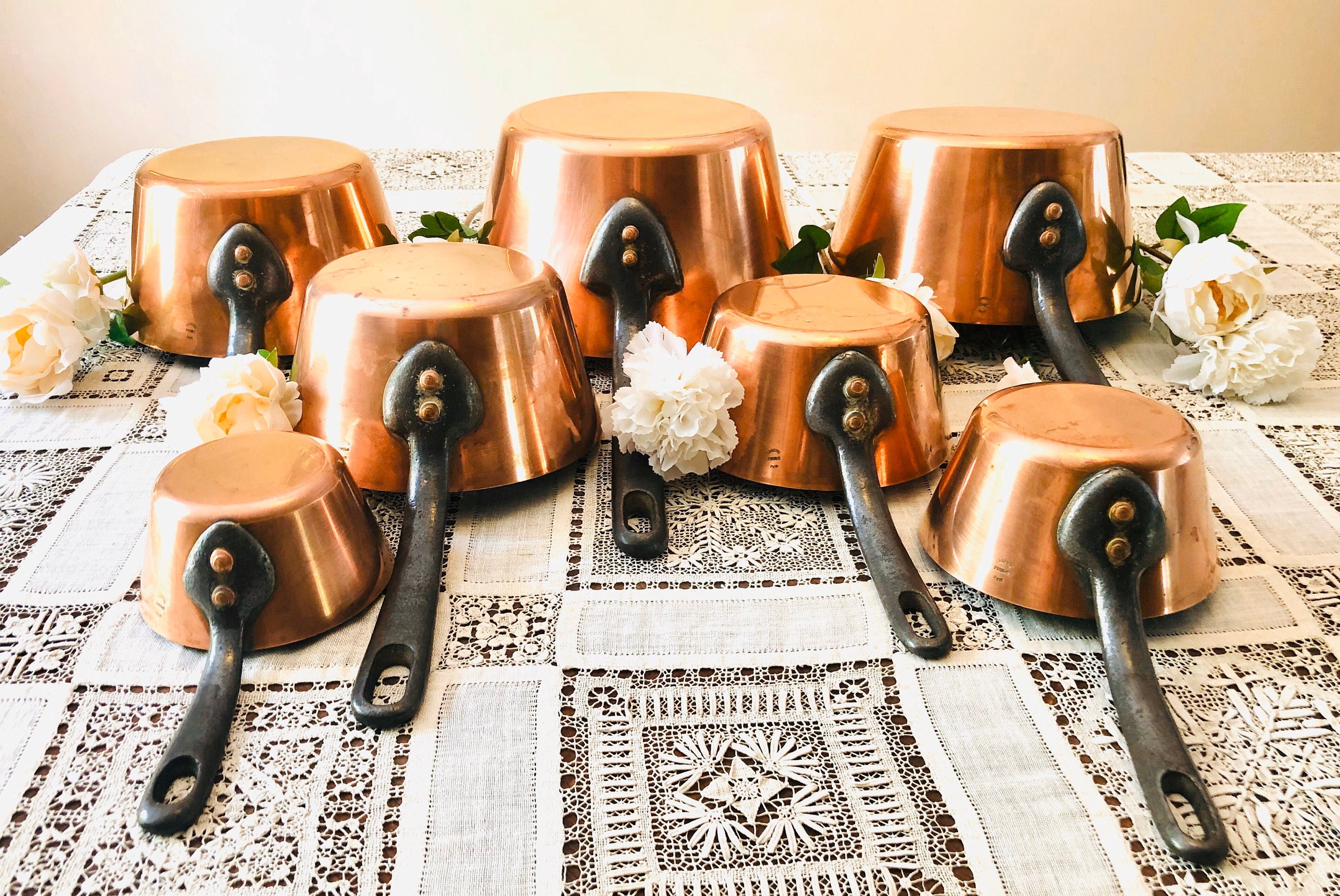 7 Pièces Professional Copper Cookware Set Windsor Metal Handles Rivets 2mm Stamped Special Villedieu