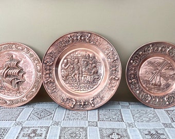French Parisian Copper Wall Plates, Story Telling Decor, Set of 3