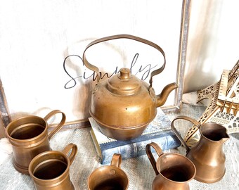 Vintage Copper Tea Kettle and Pitcher Set | Primitive Farmhouse Kitchen Decor | Antique Mini Copper Tea Service #G-1000-97