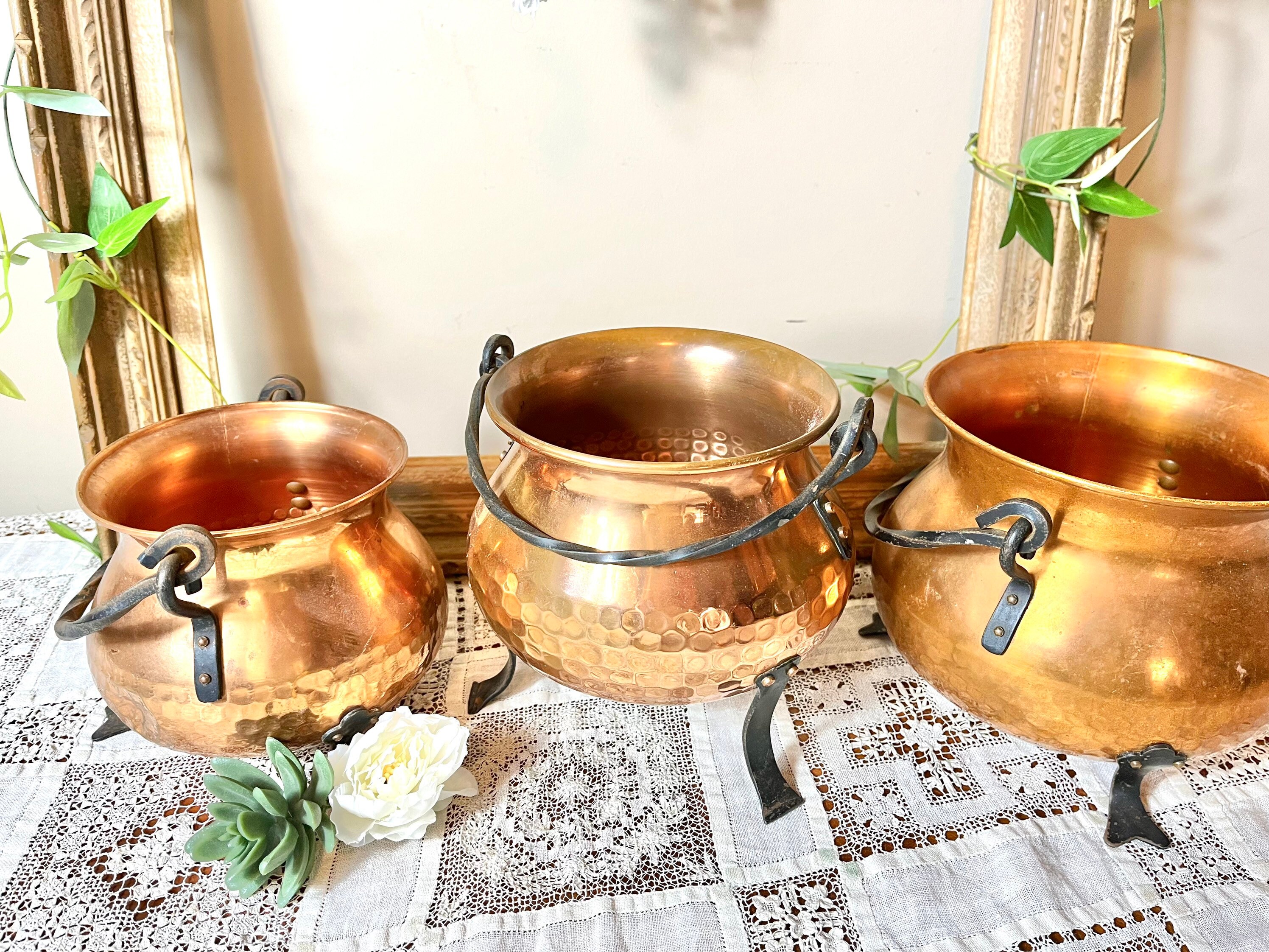 French Hammered Artisanal Copper Cauldron Container Flower Pot Bowls ...