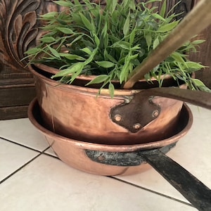 Antique Copper Nesting Pans, French Country Decor, Iron Handles