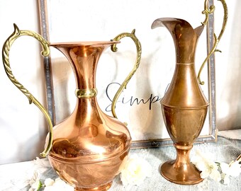 Vintage French Copper & Brass Villedieu Set | Ornate Mid-Century Vase and Pitcher | Handcrafted French Farmhouse Decor #G-1000-112