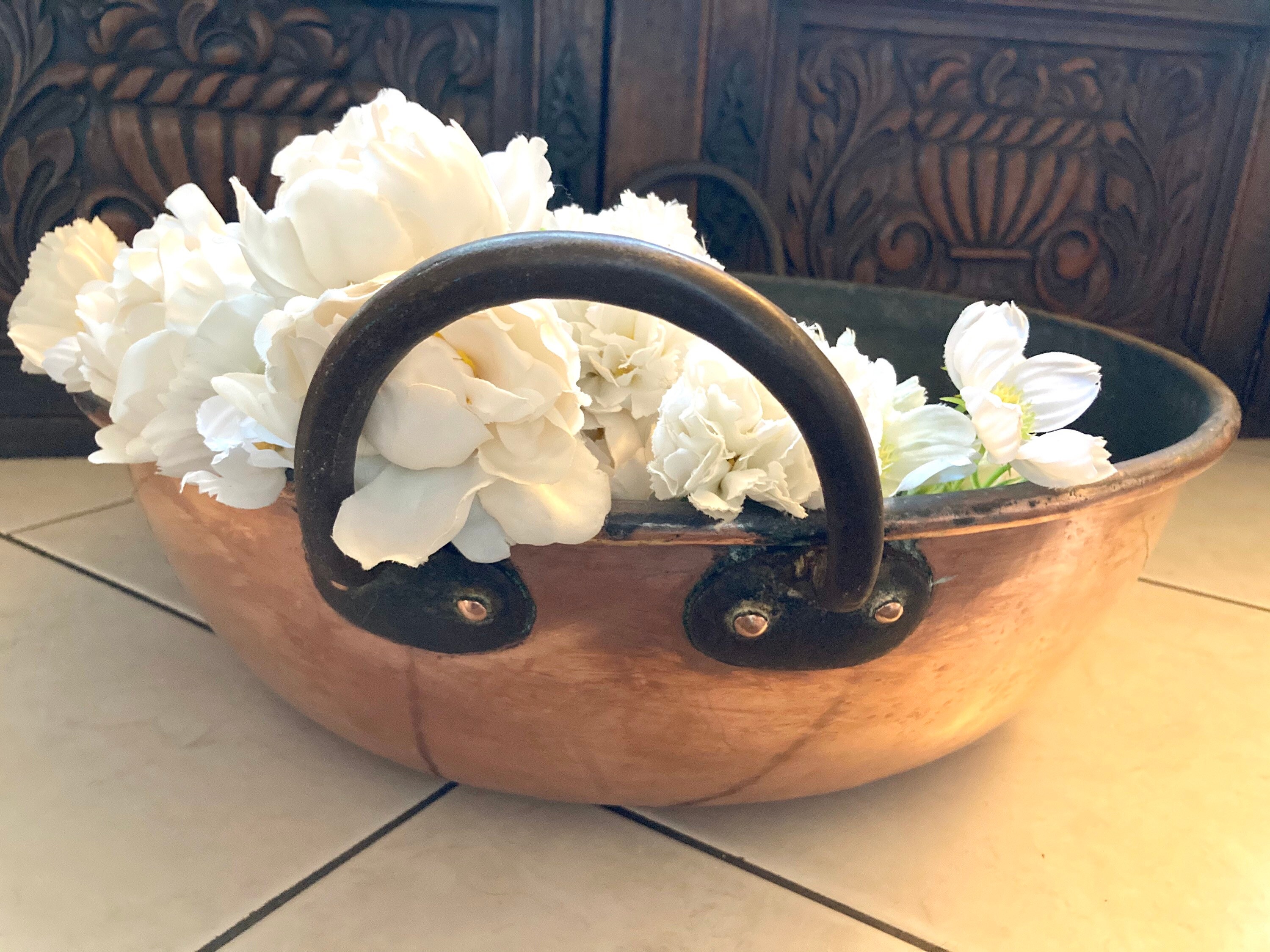 Antique Artisanal Copper Bowl Basin Jam Detailed Iron Handles Massive Paris, France #g-20-1743