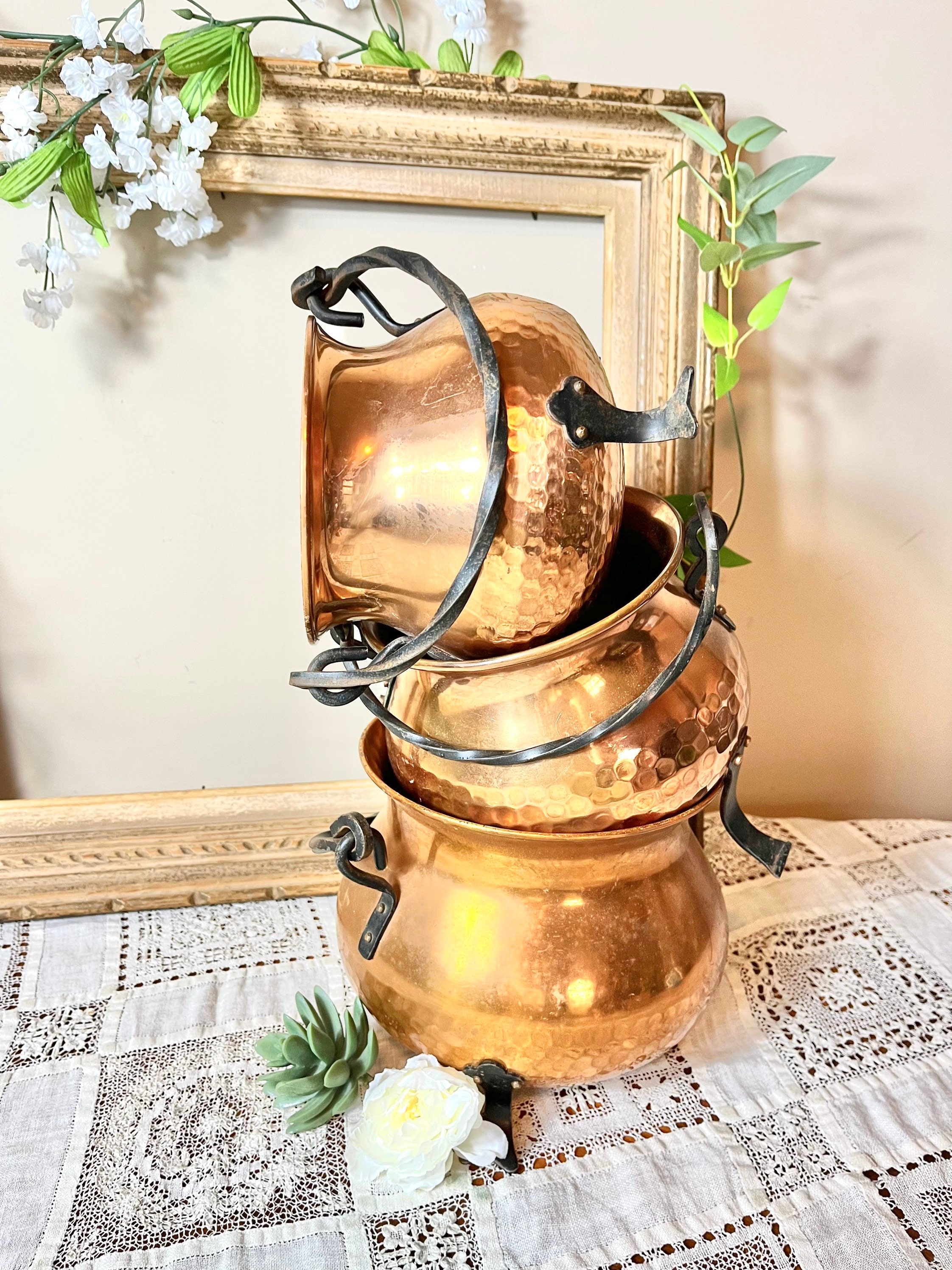 French Hammered Artisanal Copper Cauldron Container Flower Pot Bowls ...
