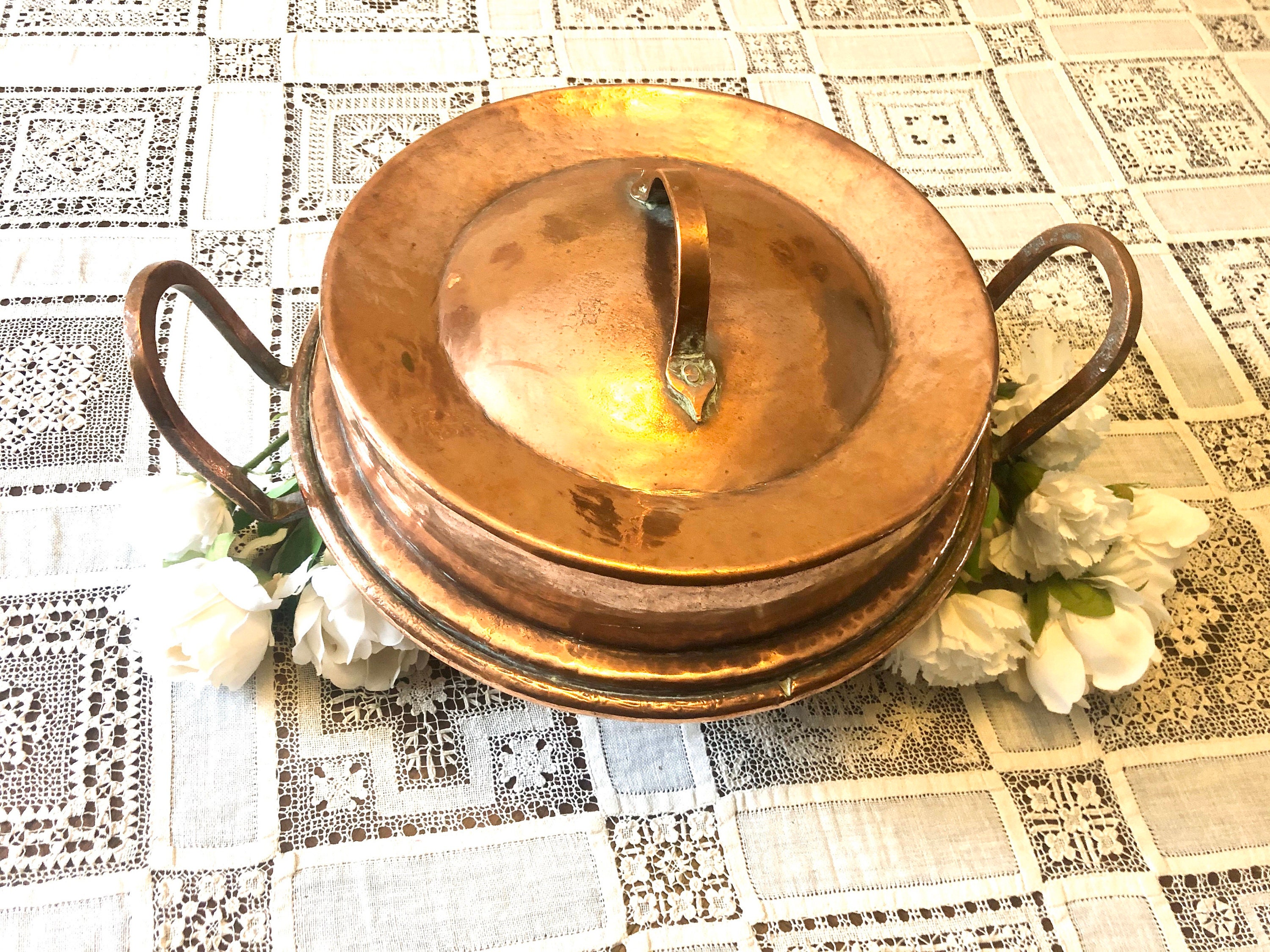 Artisanal Antique Solid Hammered Copper Brie Cheese Baking Dish Tort Handles Lid Paris, France #40-5