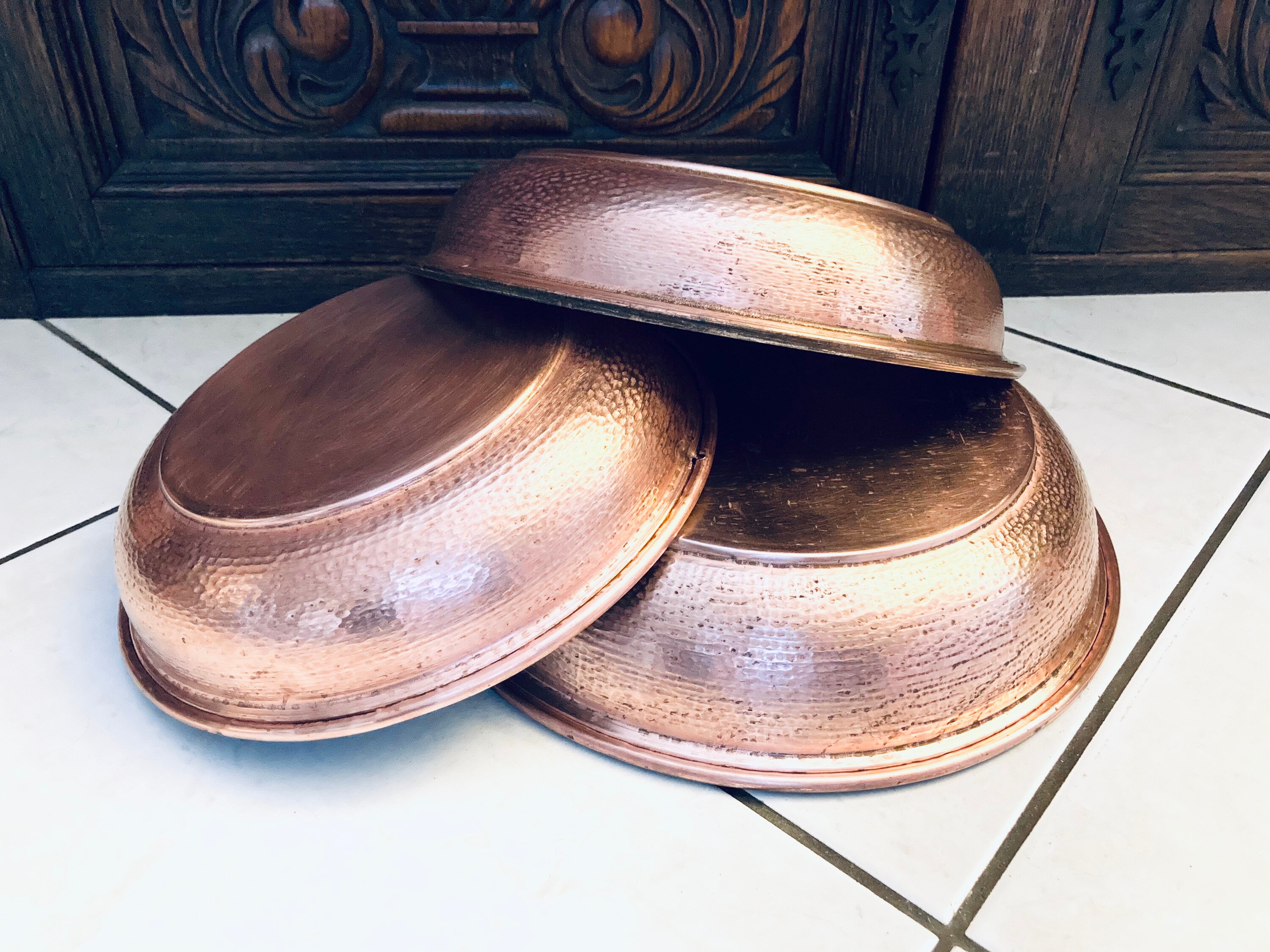 Solid Copper Cake Tart Dessert Pie Pans Vintage Rolled Lip Oven Cookware Set Hammered To Table Paris