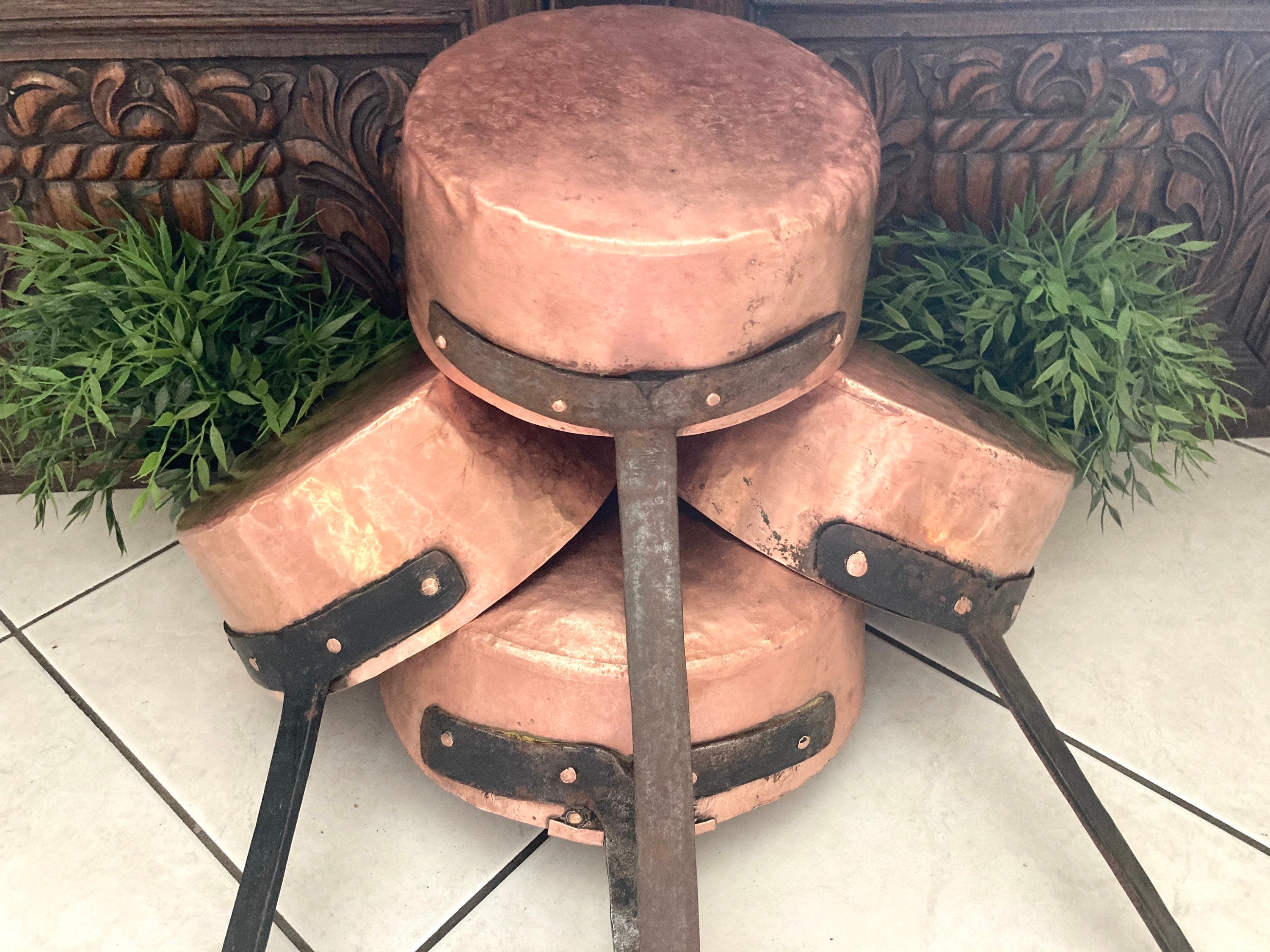 1800's Antique Artisan Nesting Copper Pans Set With Long Rod Iron Handles 4 Rivets Paris, France #g-