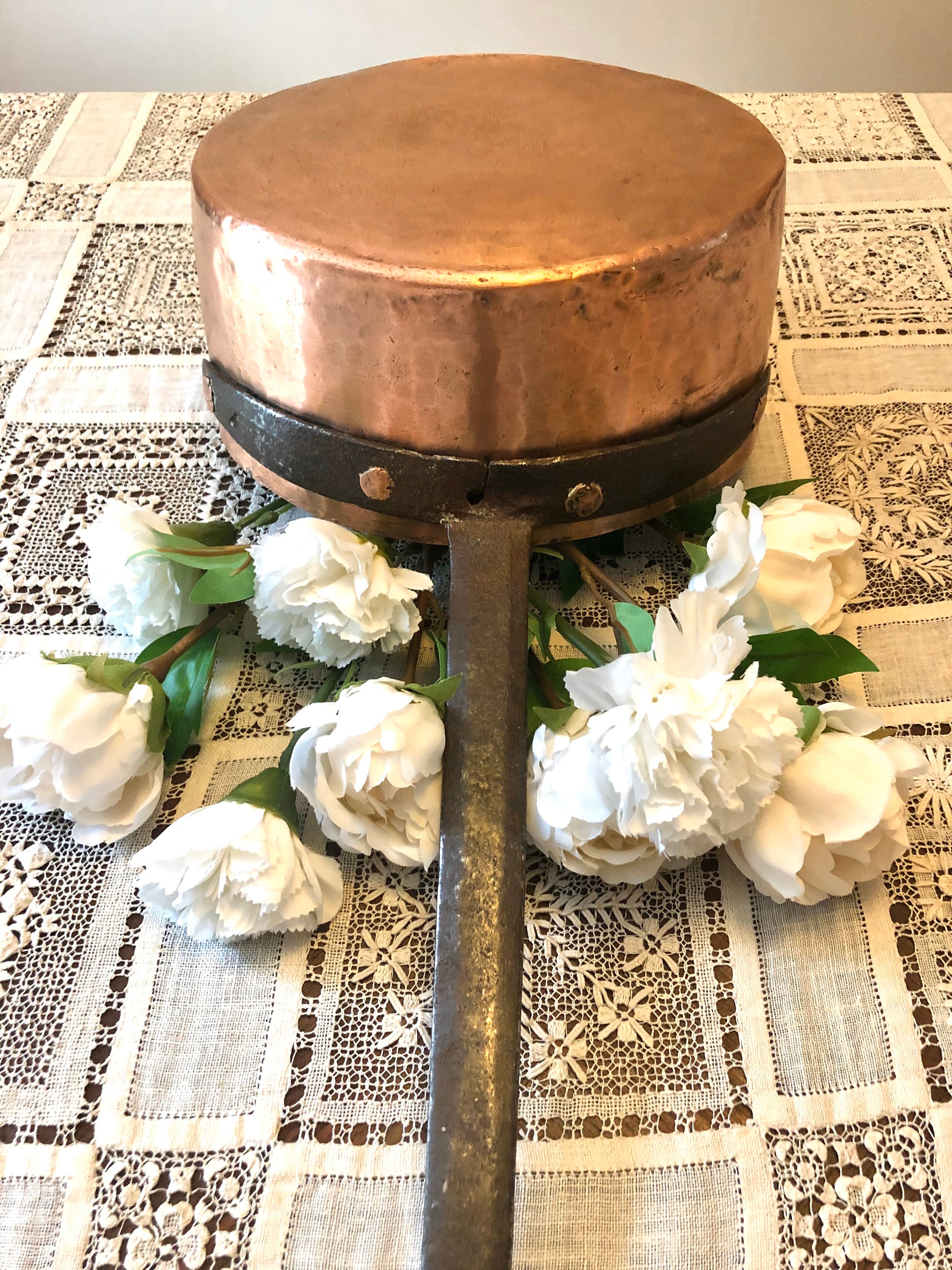 Antique 1800's Copper Pans With Long Rod Iron Handles Rivets Paris, France