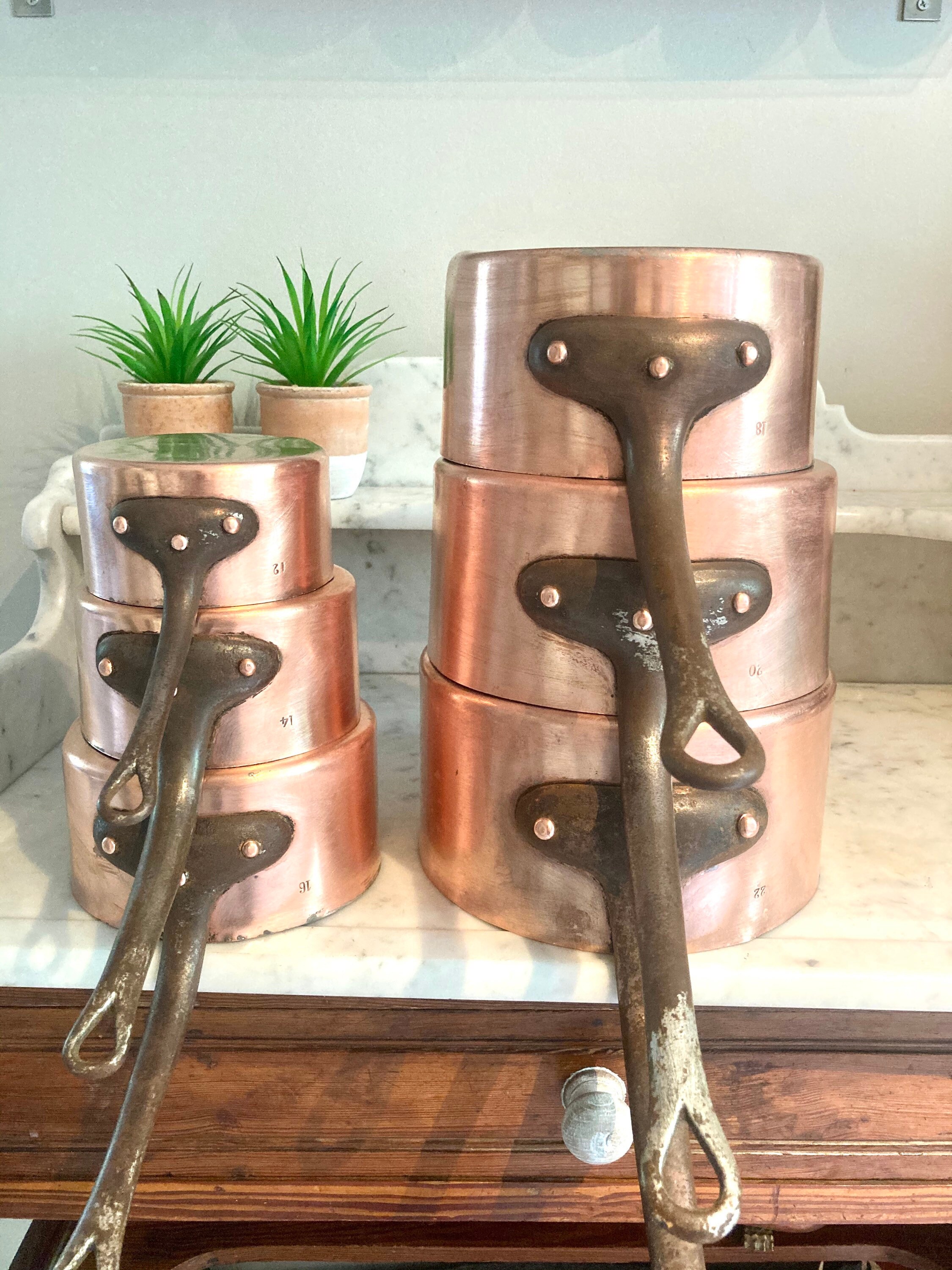 6 Français Professional Antique Copper Pan Cookware Chef Set Stamped Kitchen Ready 1.9mm Paris, Fran