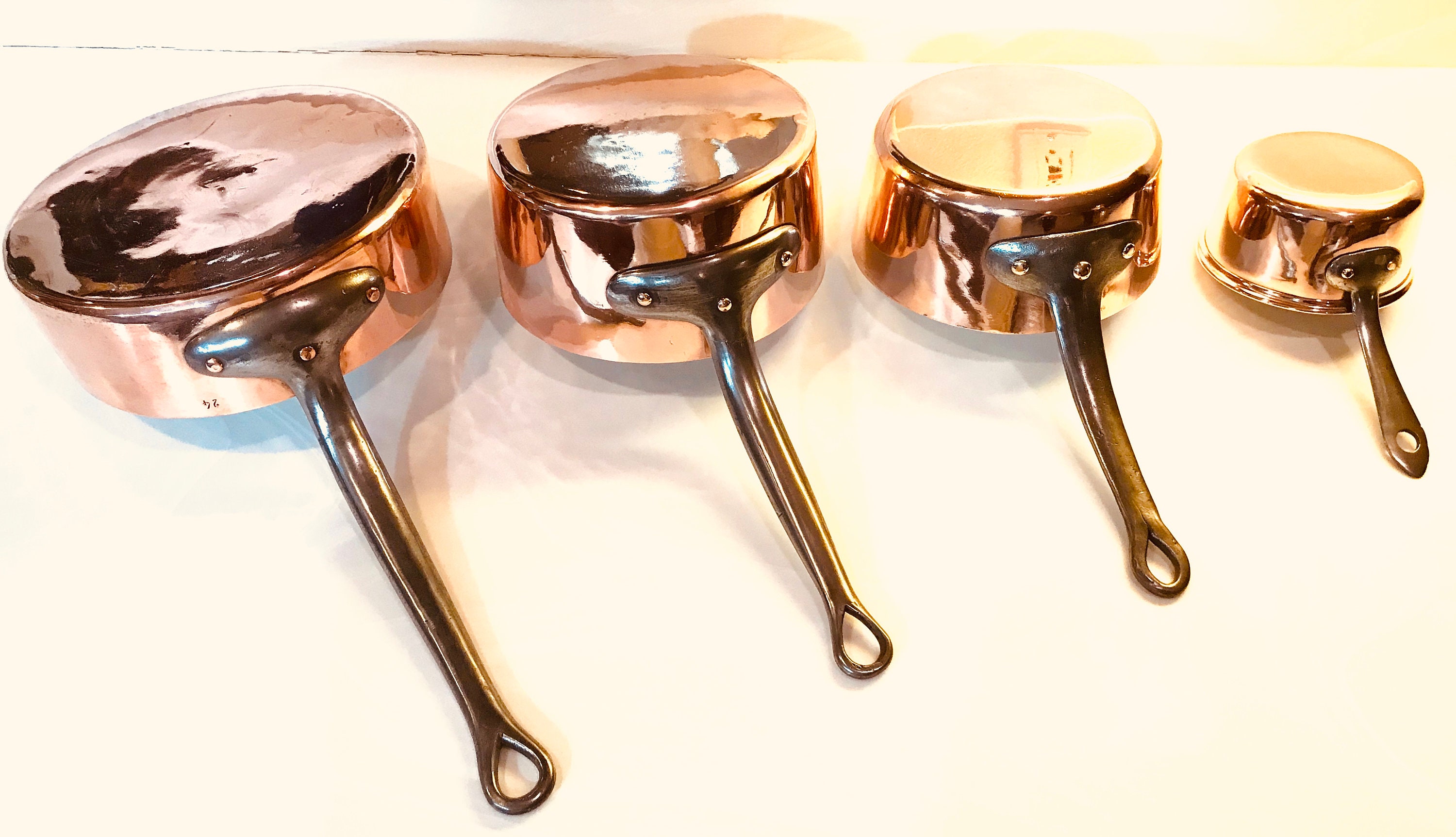 4 Français Copper Cookware Pan Set Rivets Metal Handles Stamped Paris, France