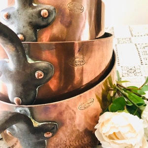 5 Allez Freres Paris Copper Set Hammered with Bubble Copper Rivets 2mm Kitchen Ready 24cm Stamped Paris, France #150-6004