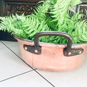 May include: A copper planter with a dark metal handle and rivets, filled with vibrant green fern plants. The planter has a rounded shape and sits on a tiled surface, with a dark wooden cabinet in the background.