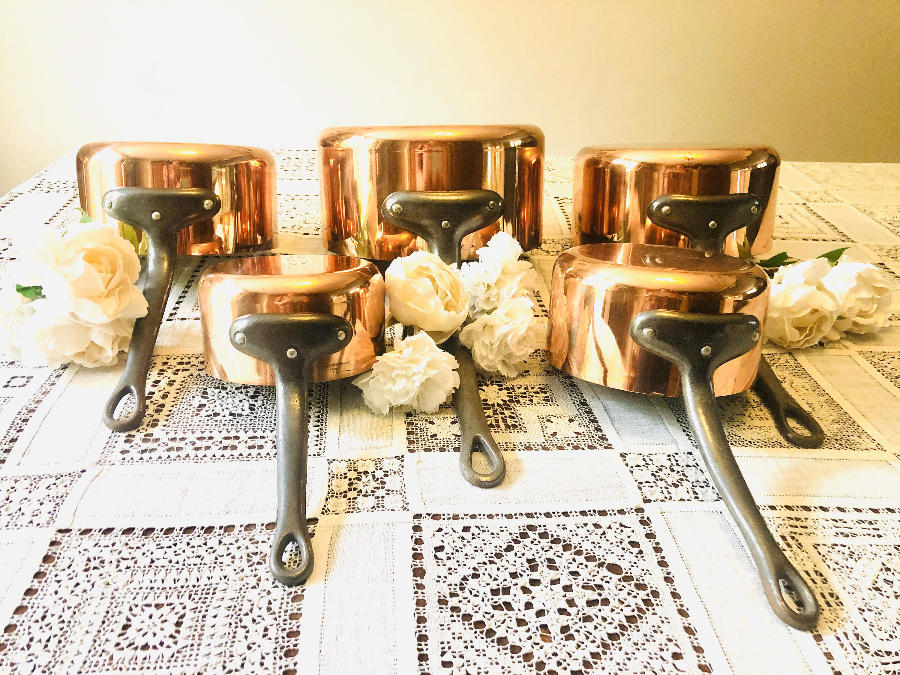 5 New Français Professional Vintage Copper Chef Set With Rivets 2mm Paris, France #65-63-156