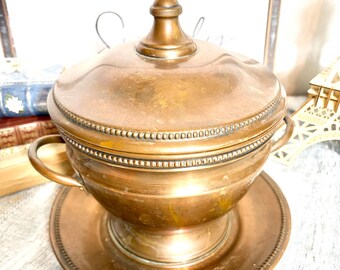 Vintage French Villedieu Copper Soup Tureen with Lid and Matching Underplate | Handcrafted Pedestal Serving Bowl Set #G-1000-99