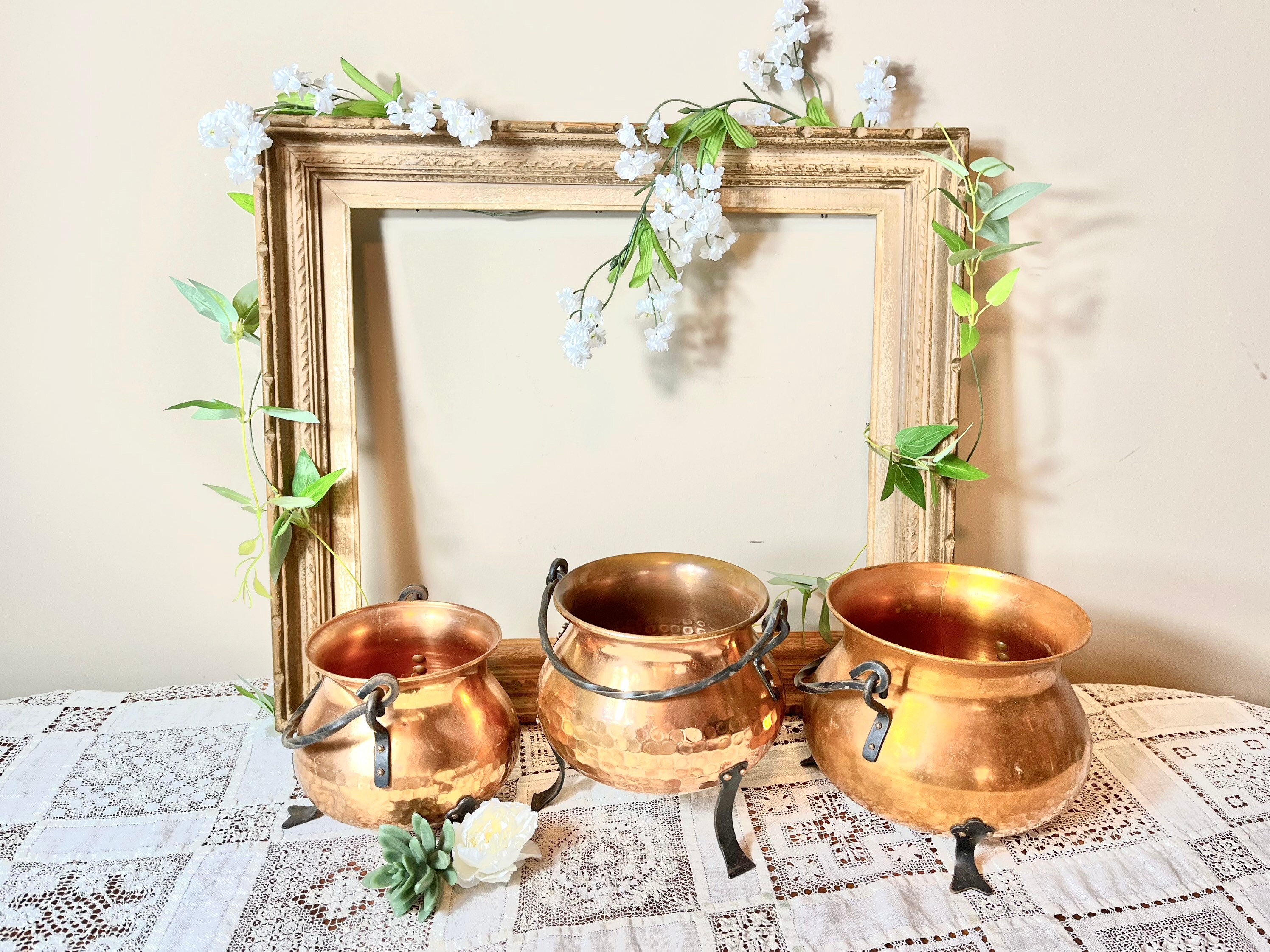 French Hammered Artisanal Copper Cauldron Container Flower Pot Bowls ...