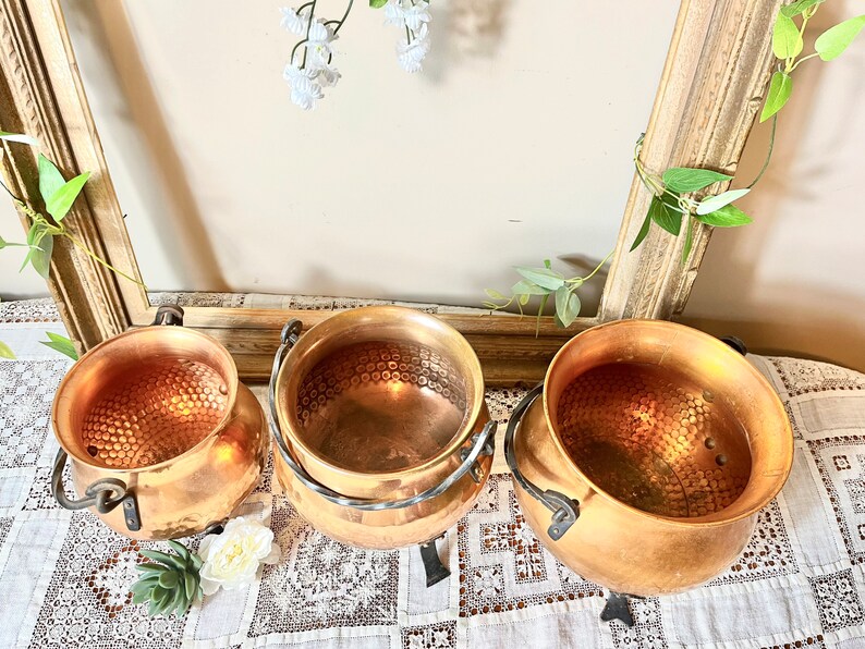 French Hammered Artisanal Copper Cauldron Container Flower Pot Bowls ...