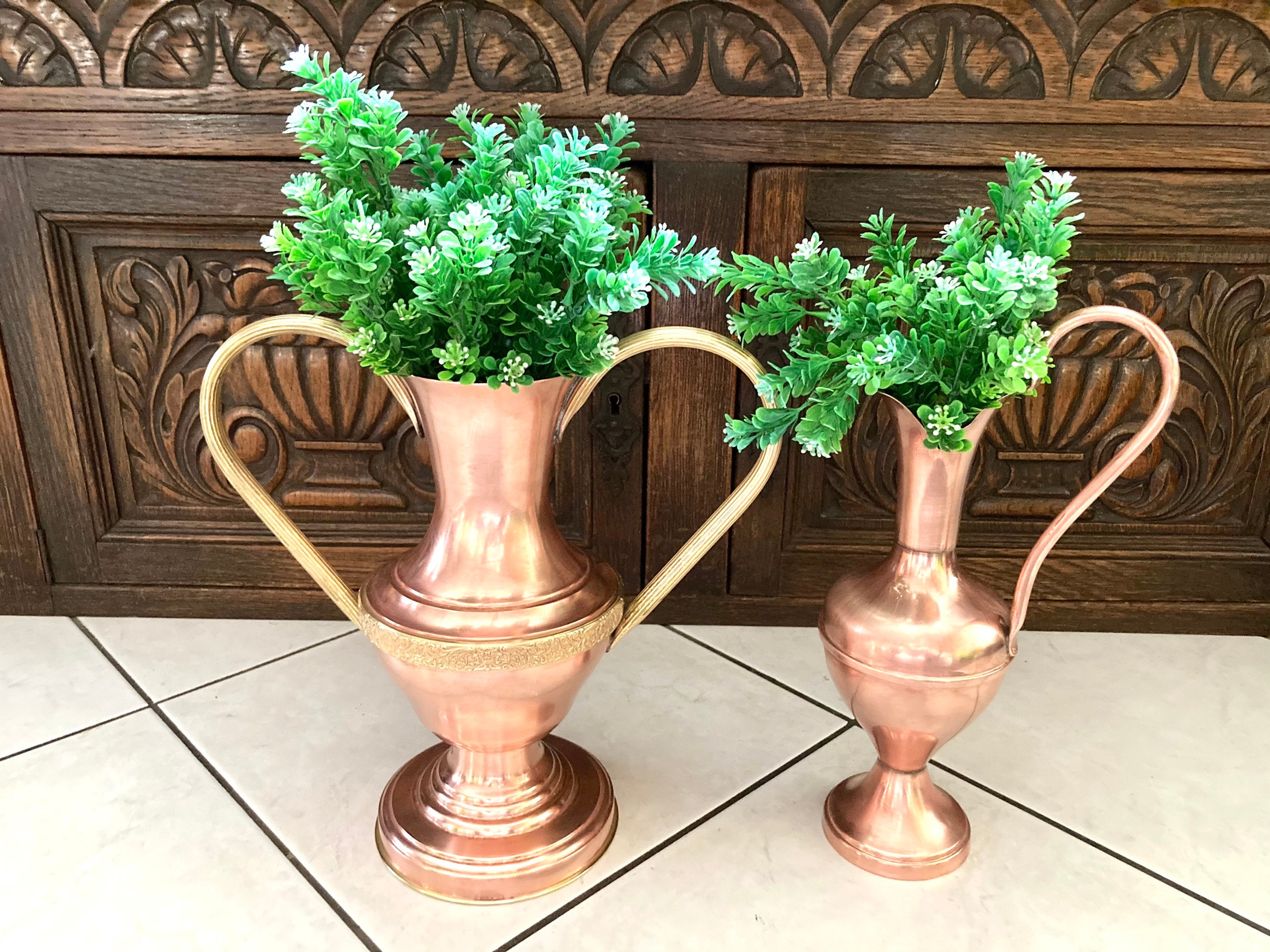 Vase en Cuivre Planter Set Vintage Double Poignées Pichet Cg Villedieu Paris, France #g-2512