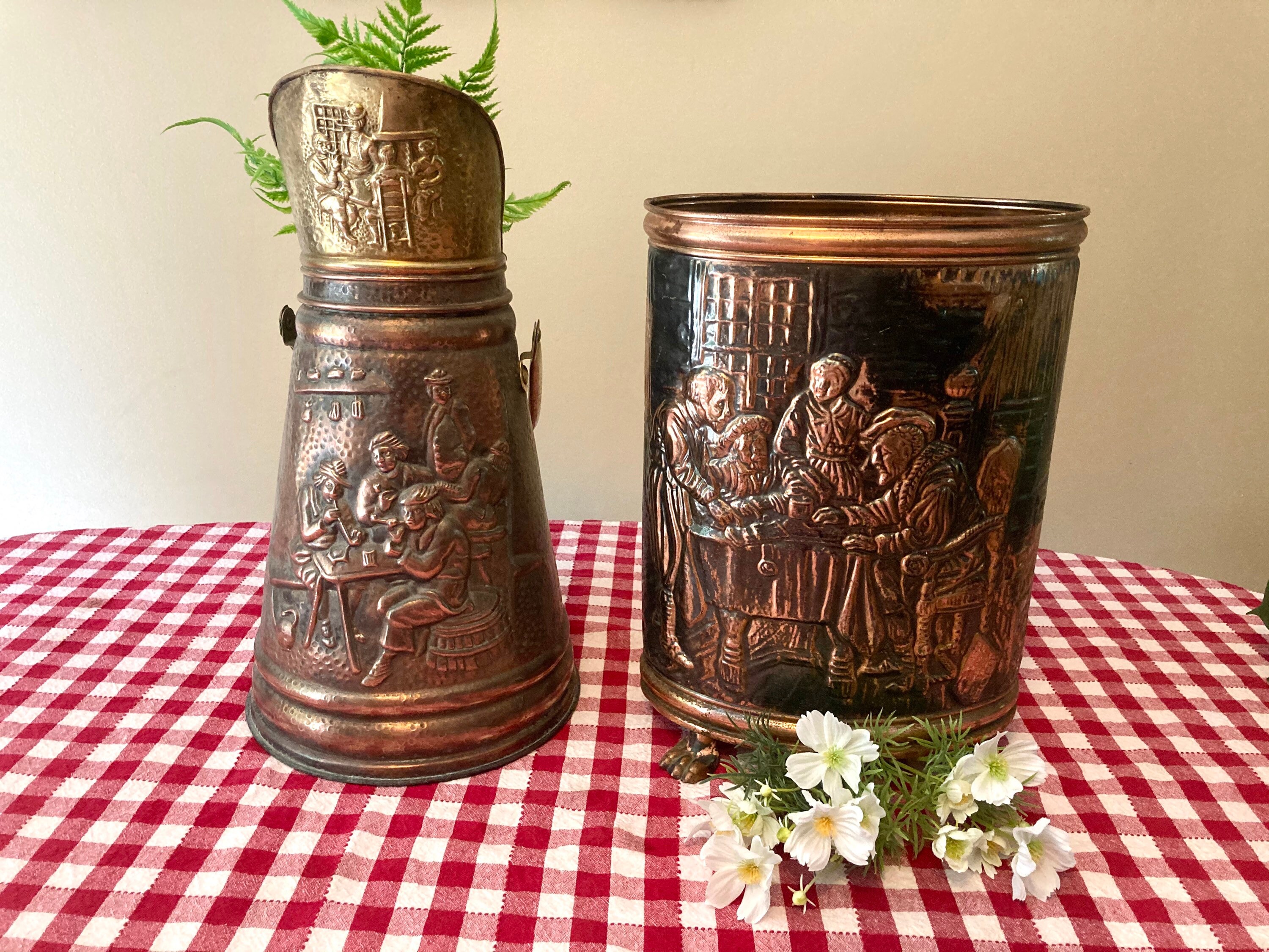 Français Vintage Copper Collectable Planters Set 2 Piece Français Country Scene Storytelling Paris,