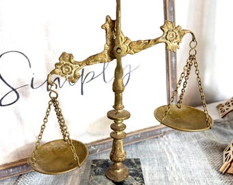 Vintage Ornate Brass Scales of Justice with Marble Base, Antique Balance Scale Table Decor, Law Office Lawyer Gift #G-1000-123