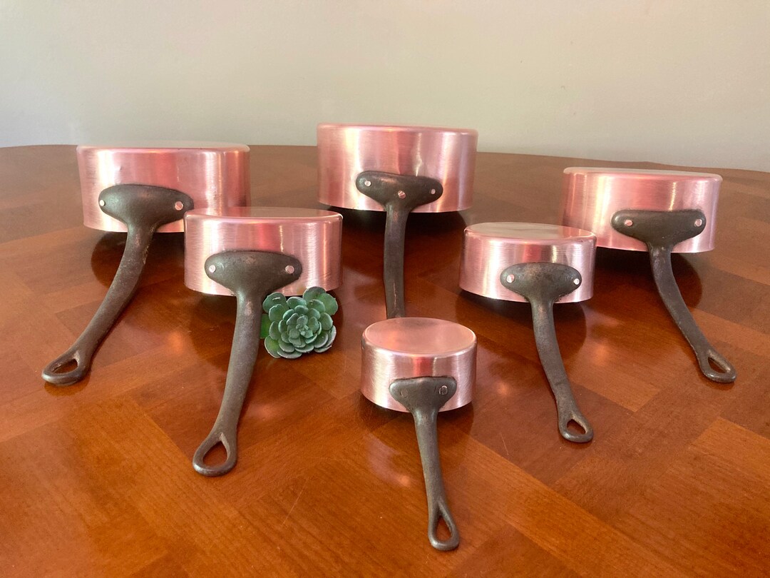 6 Piece French Solid Copper Pans Set Metal Handles Copper Rivets 1mm