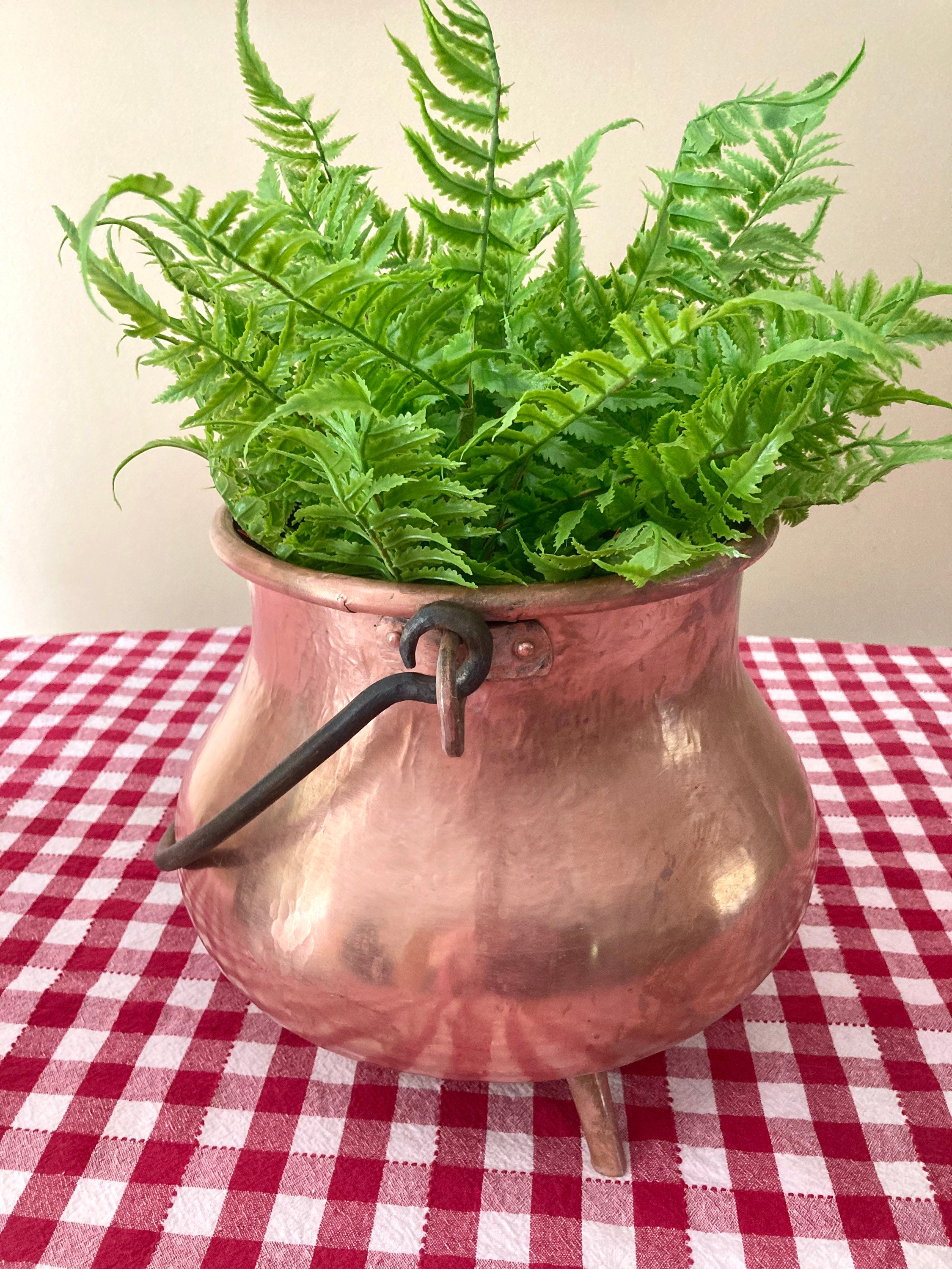 Français Artisan Cuivre Conteneur Pot de Fleurs Stand Planter Martelé Poignée Fer Roulé Lip Paris, F