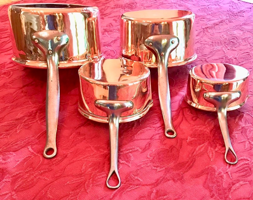 4 Vintage Français Copper Cookware Pan Set With Pure Silver Linning 99.99% Lip Spout Rivets Metal Ha