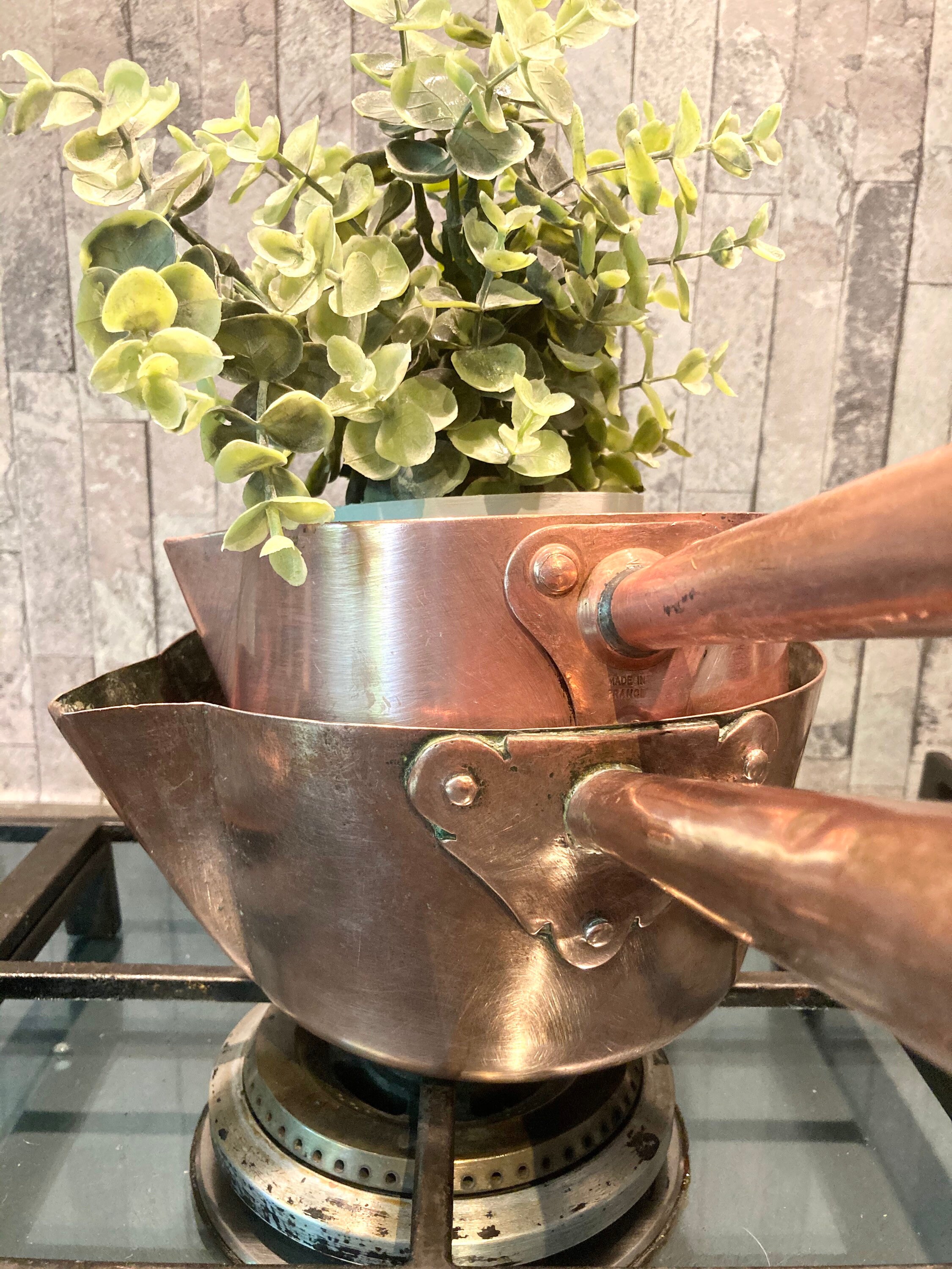 Français Vintage Copper Chocolate Sugar Pan Saucier Spout Set Stamped 2mm Made in France Paris, #20-