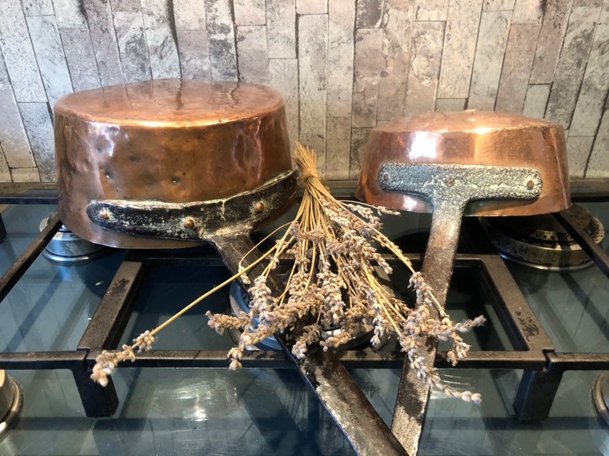 2 Antique 1800's Copper Pans With Long Rod Iron Handles Rivets Paris, France #15-184