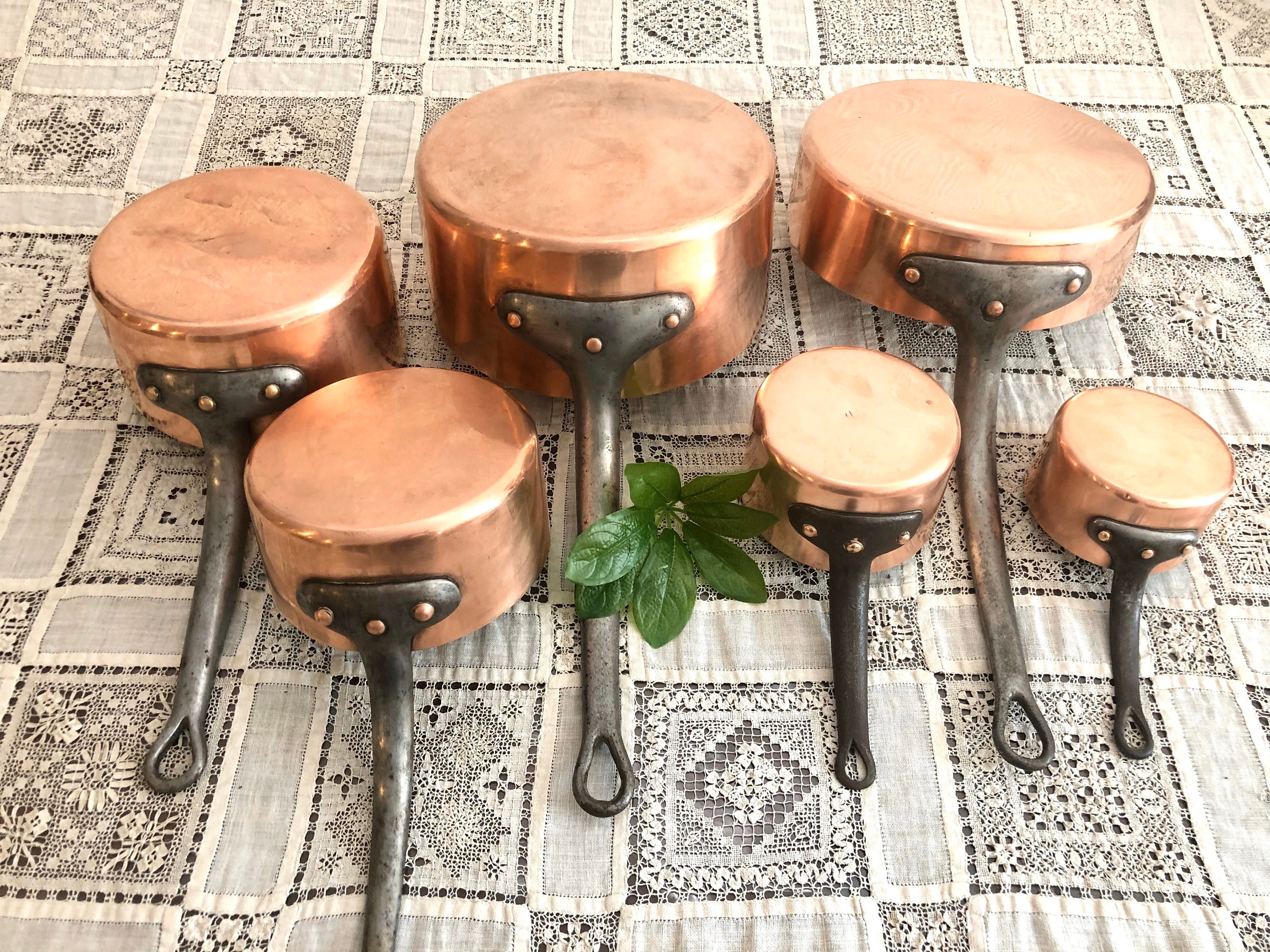 6 Français Professional Antique Copper Cookware Chef Set Saute Skillet Pan Paris, France #30-42P-159