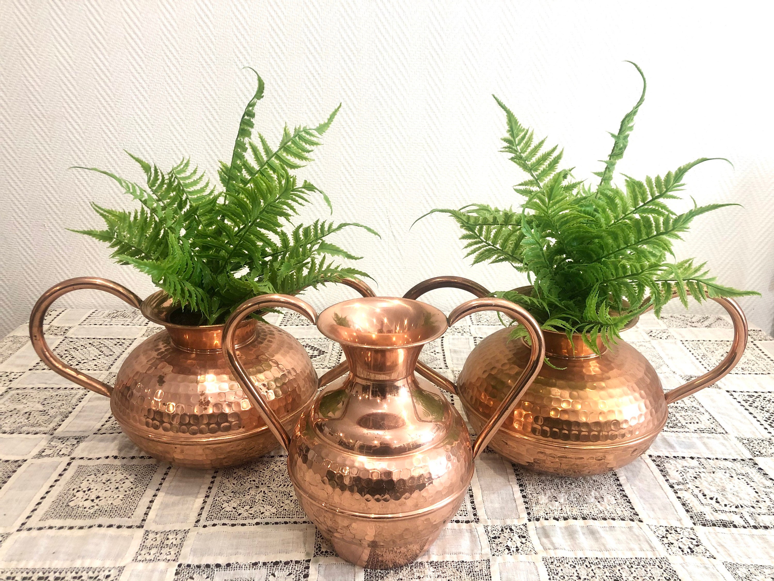 Solide Vase en Cuivre Planteur Ensemble Vintage Double Handles Hammered Le Cellier Villedieu 3 Piece