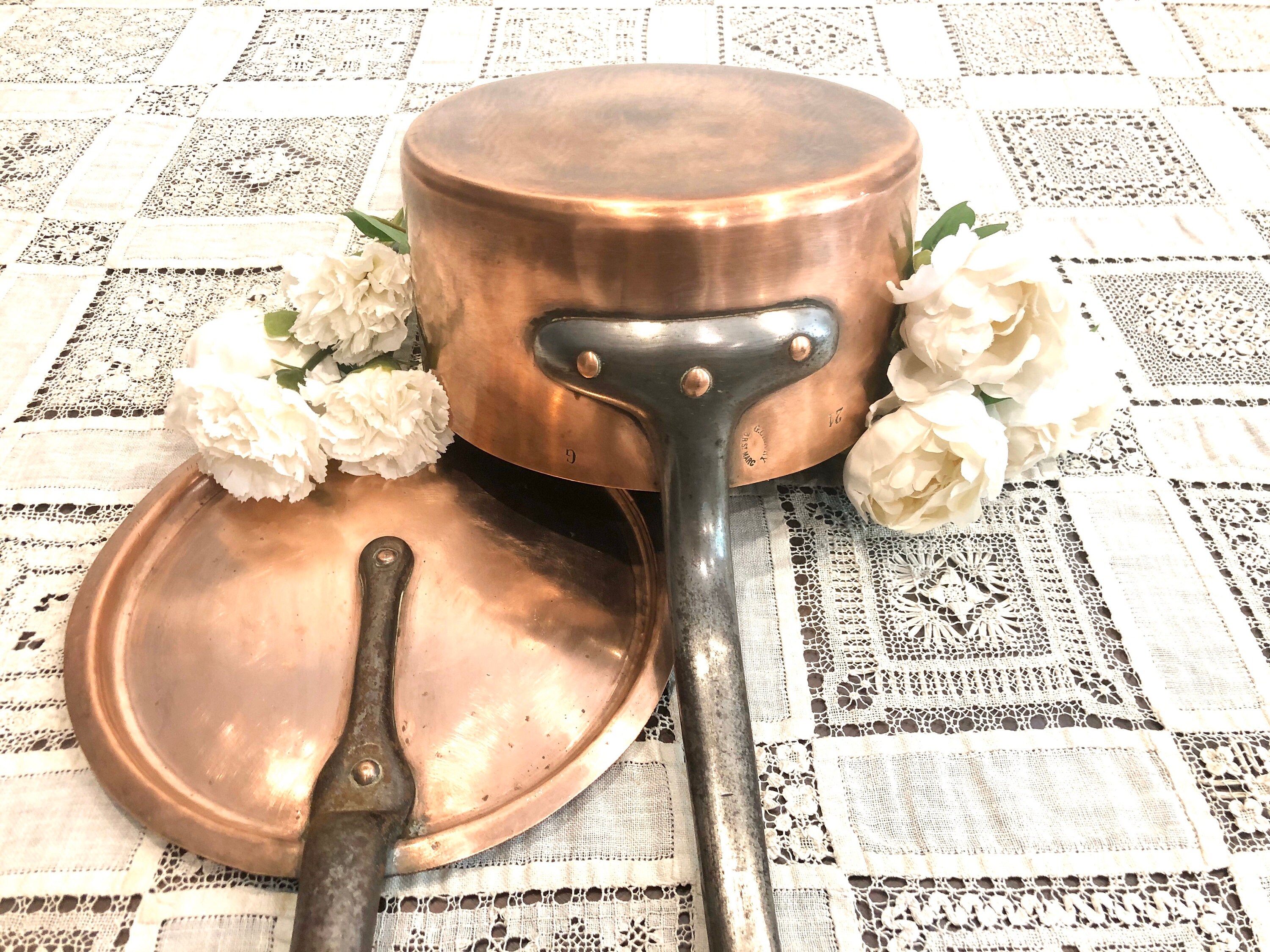 Français Vintage Copper Pan G. Chevry avec Bubble Rivets 1mm Couvercle Ajusté Paris, France #10-49-9