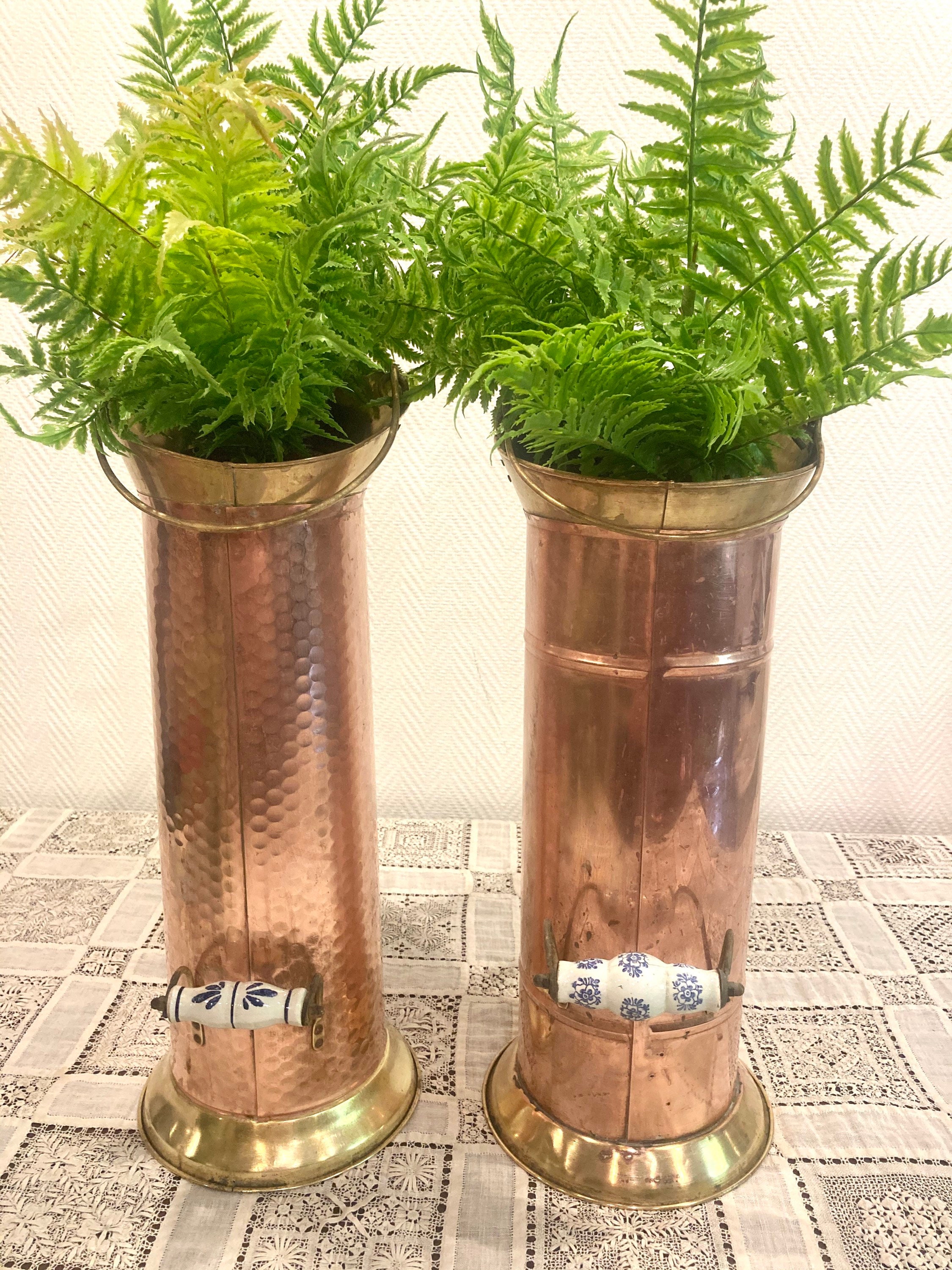 Français Vintage Copper Umbrella Stand Flower Pot Decor Ceramic Handles Paris, France #g-725