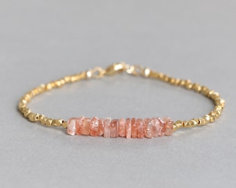 Sunstone Gemstone, Dainty Gold Bead Bracelet, Delicate Crystal