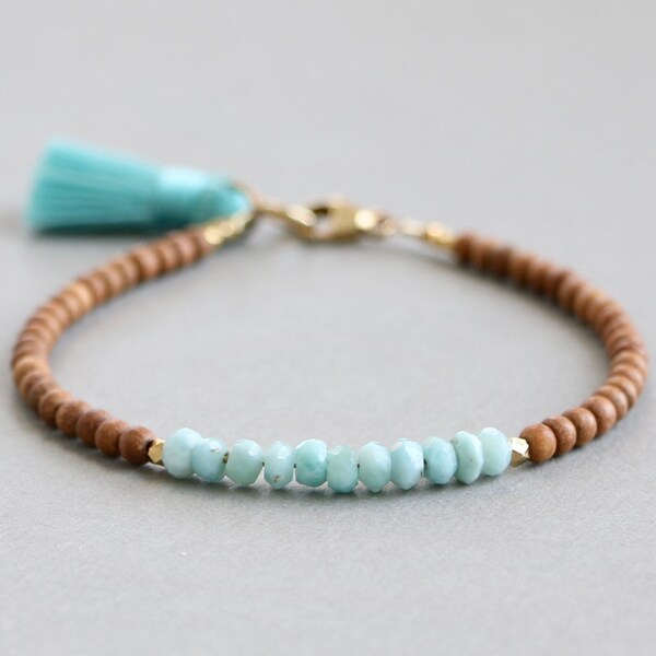 Larimar and Sandalwood Bracelet, Larimar Bracelet, Beaded Gemstone Bracelet, Boho Bracelet