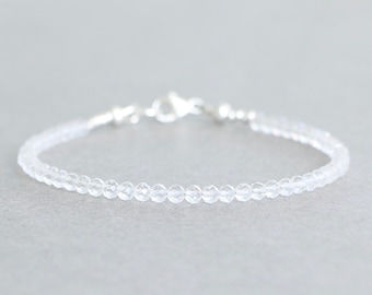 Dainty Clear Quartz Bracelet, Faceted Crystal Beaded Stacking Bracelet