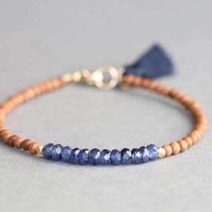Blue Sapphire and Sandalwood Bracelet Sapphire Bracelet September Birthstone Beaded Bracelet Stacking Bracelet
