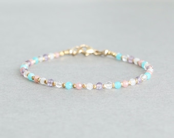 Multi Gemstone Bracelet, Beaded Bracelet, Moonstone, Quartz, Chalcedony, Amethyst and Pink Rhodochrosite Beaded Bracelet