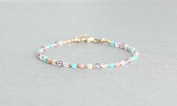 Multi Gemstone Beaded Bracelet: Moonstone, Quartz, Chalcedony, Amethyst