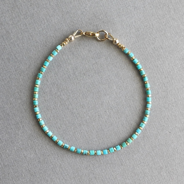 Genuine Kingman Turquoise Heishi Bracelet, Minimalist Layering Bracelet, Gold or Silver Accents