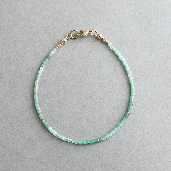 Dainty Emerald Bracelet, Faceted Cube Gemstone, Gold or Silver Accents
