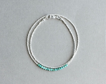 Double Strand Turquoise Bracelet, Karen Hill Tribe Silver Beads, Layering Jewelry