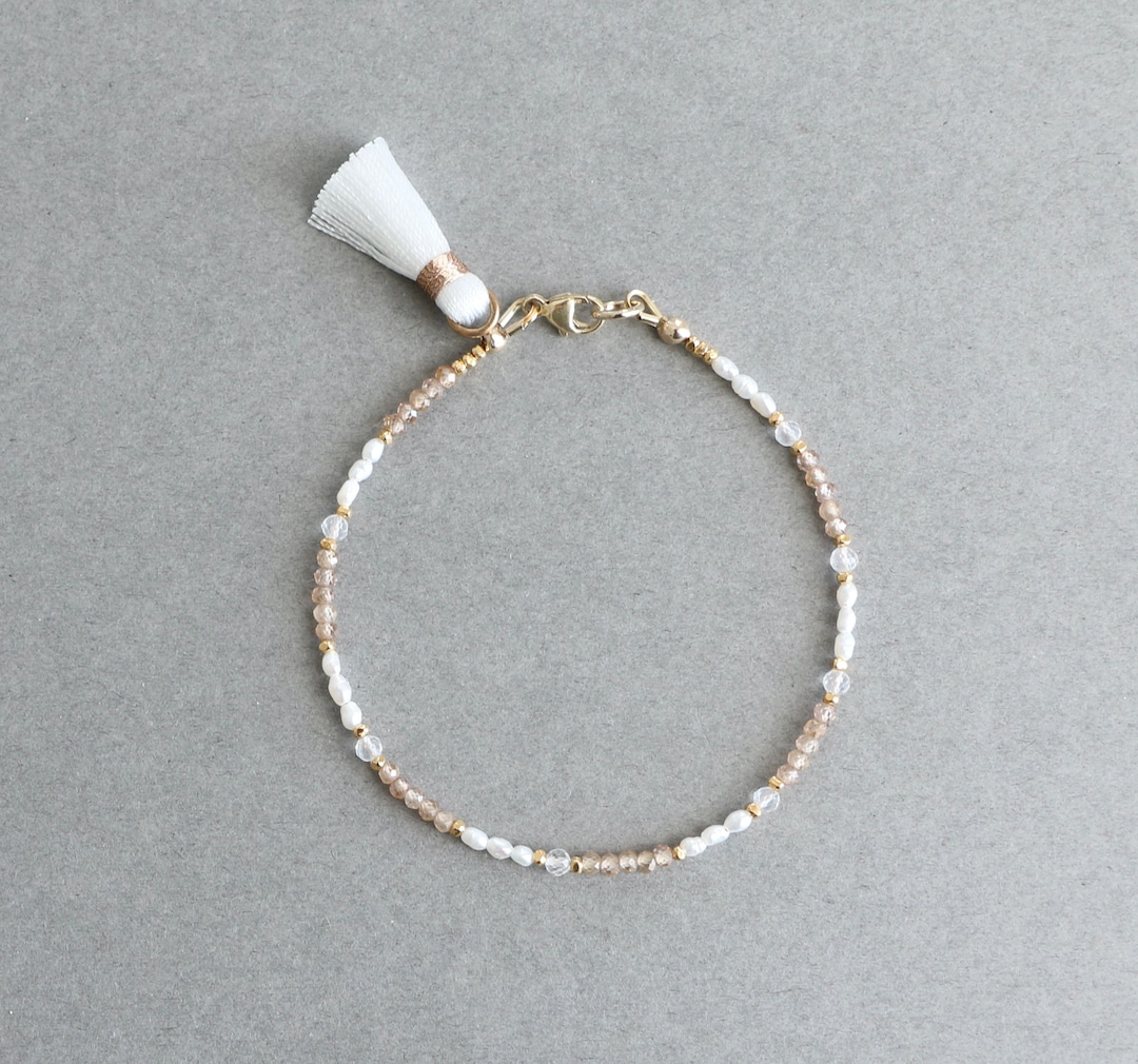 Dainty Pearl Zircon Bracelet: Gold Vermeil Beads, Crystal Quartz