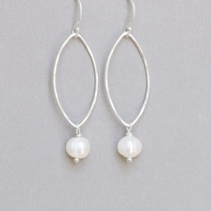 Freshwater Pearl Earrings: Sterling Silver Oval Hoops, June Birthstone