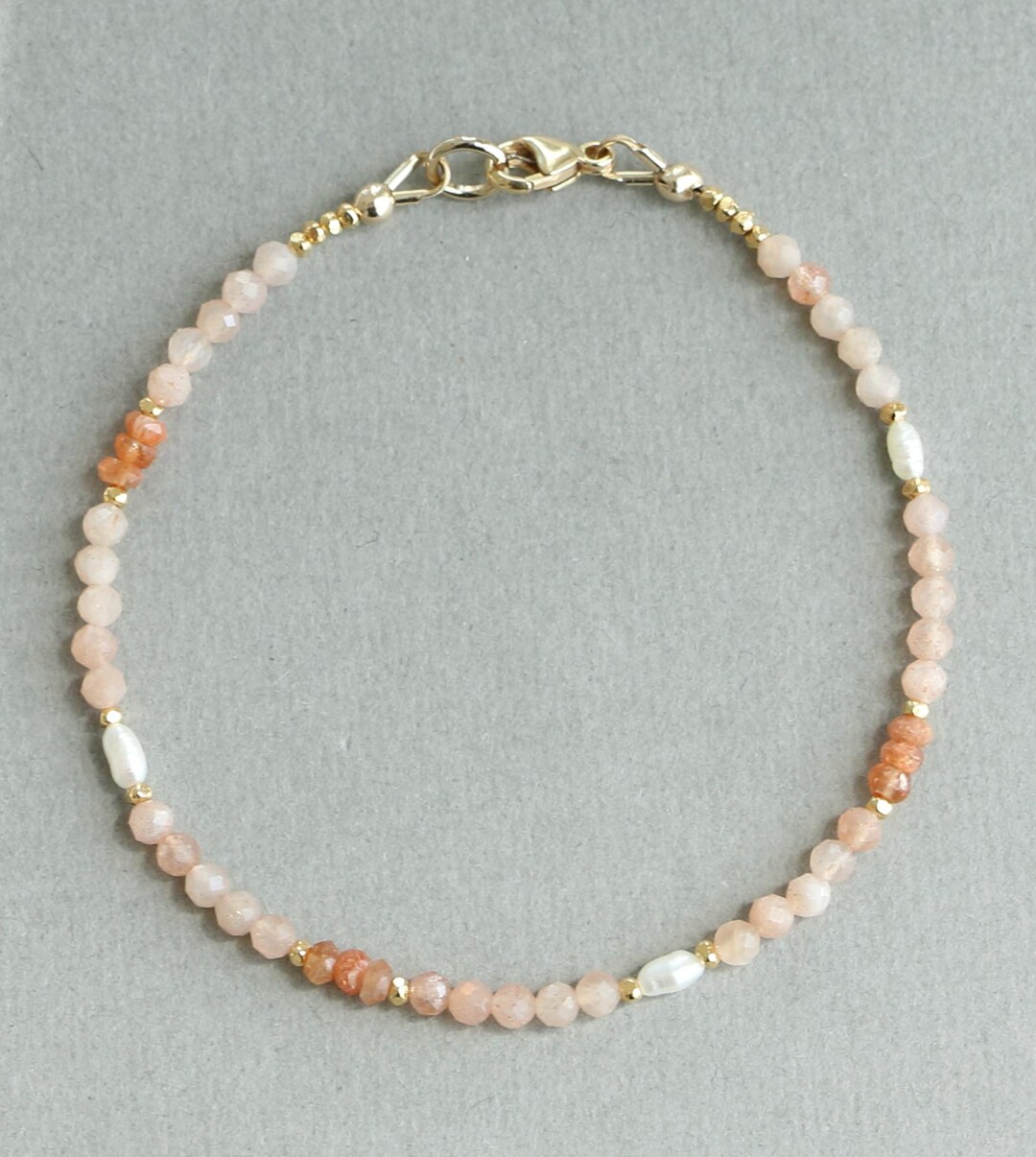 Peach Moonstone Bracelet: Pearl & Sunstone Beaded Gemstone
