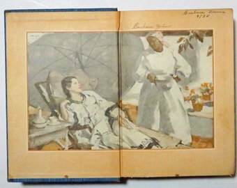 May include: An open book with a watercolor illustration of two women. One woman is sitting in a chair under a white umbrella, while the other woman is standing and holding a pitcher. The book has the handwritten text "Barbara  Heard 7/32" on the top right corner.